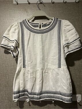 LOFT White Peplum Tunic with Black Embroidered Trim
